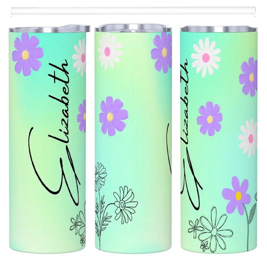 ColorFlow | Fresh Mint Meadow Daisy Personalized 20oz Skinny Stainless Steel Tumbler With Straw Custom Floral Name Gift