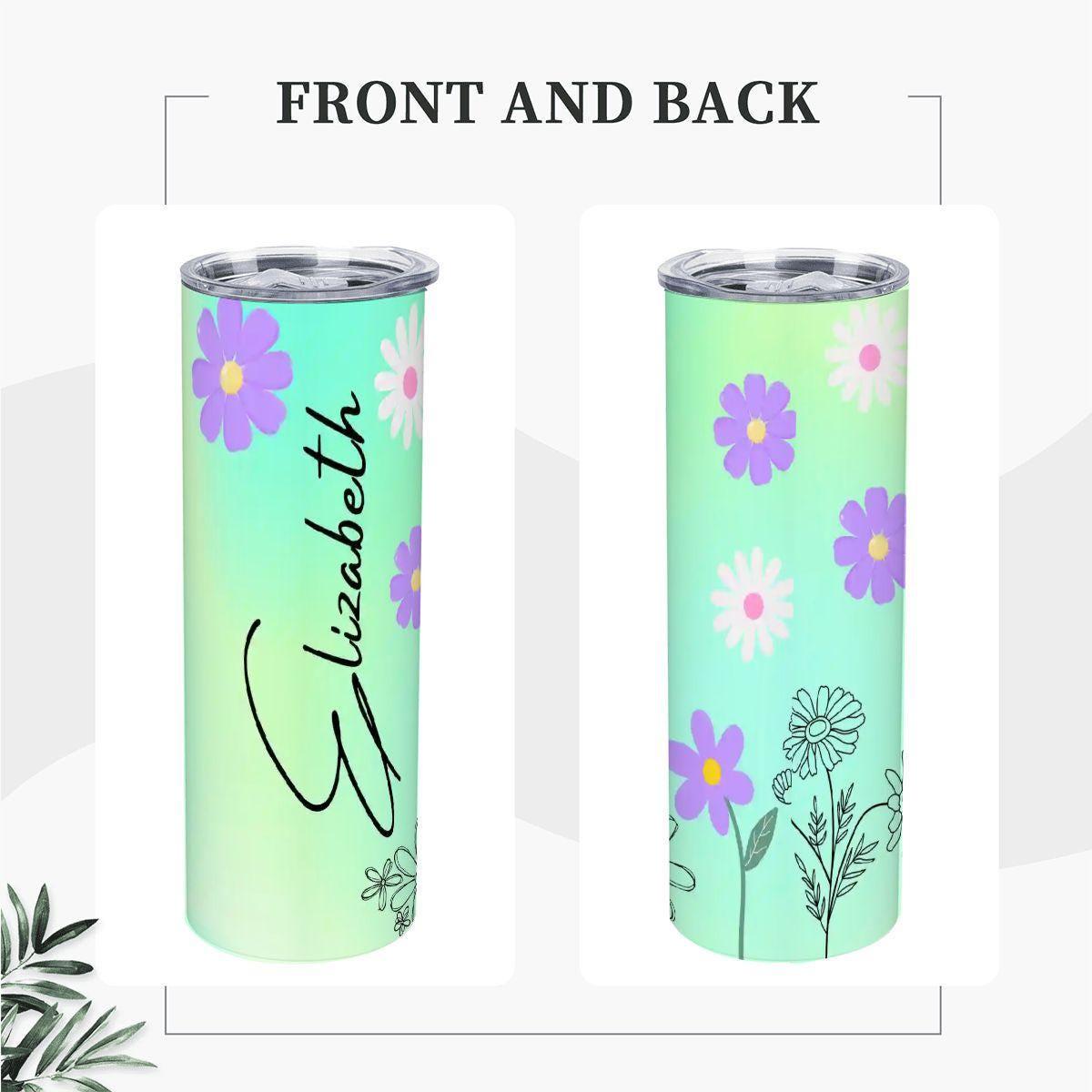ColorFlow | Fresh Mint Meadow Daisy Personalized 20oz Skinny Stainless Steel Tumbler With Straw Custom Floral Name Gift