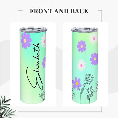 ColorFlow | Fresh Mint Meadow Daisy Personalized 20oz Skinny Stainless Steel Tumbler With Straw Custom Floral Name Gift
