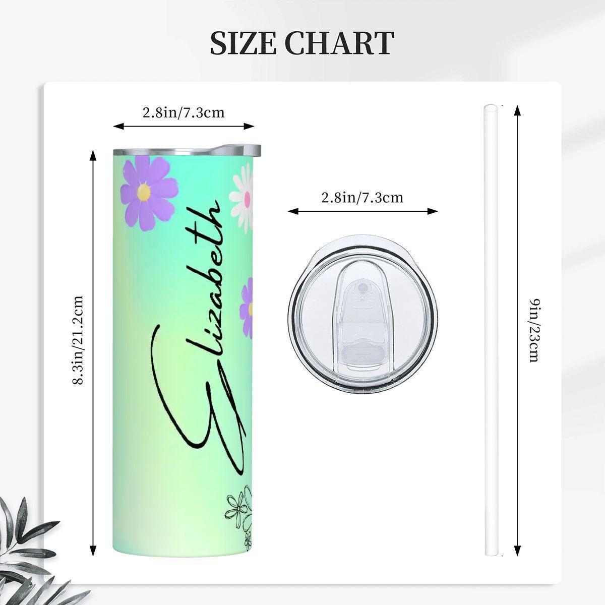 ColorFlow | Fresh Mint Meadow Daisy Personalized 20oz Skinny Stainless Steel Tumbler With Straw Custom Floral Name Gift