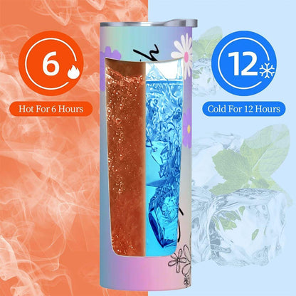 ColorFlow | Dreamy Pastel Rainbow Daisy 20oz Skinny Stainless Steel Tumbler With Straw Personalized Custom Name Floral Gift