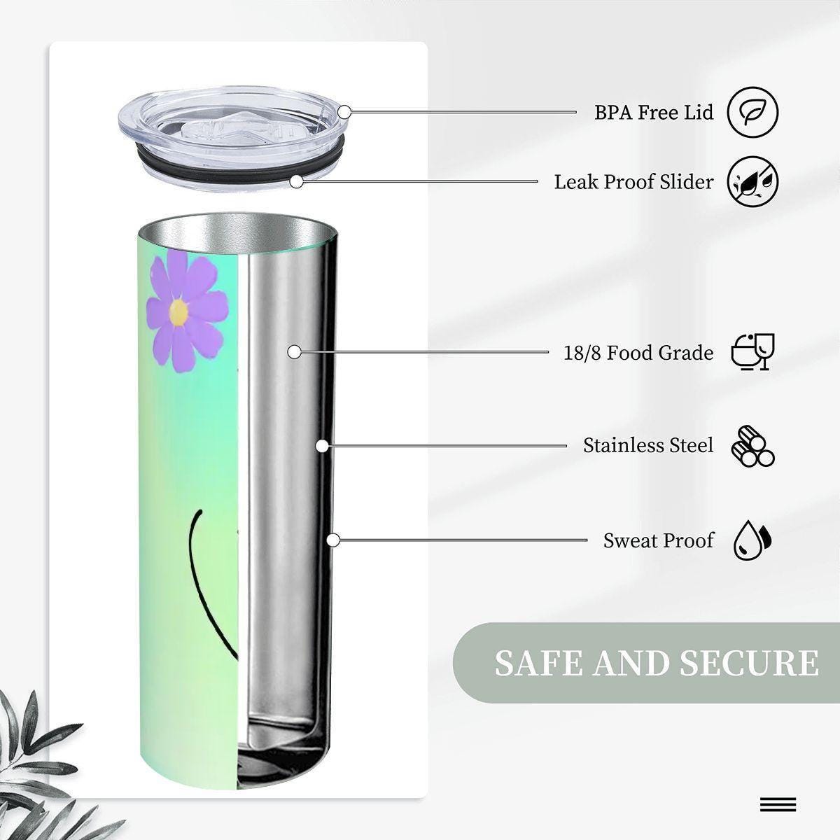 ColorFlow | Fresh Mint Meadow Daisy Personalized 20oz Skinny Stainless Steel Tumbler With Straw Custom Floral Name Gift
