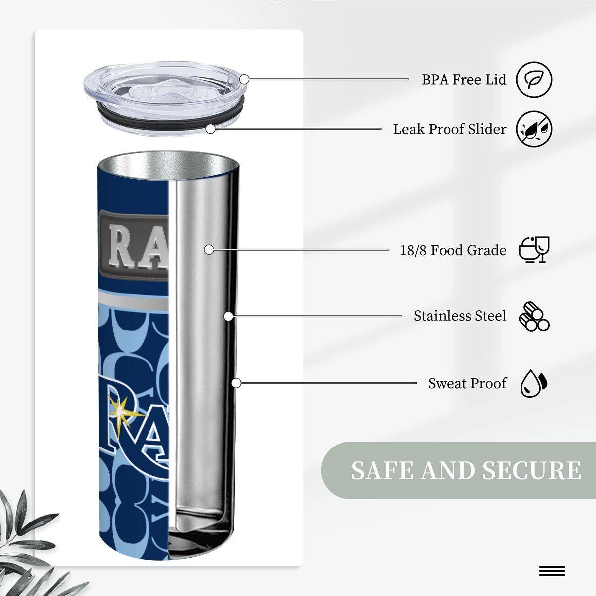ColorFlow | Tampa Bay Rays Inspired Fashion 20oz Skinny Stainless Steel Tumbler With Straw Coastal Baseball Fan Gift