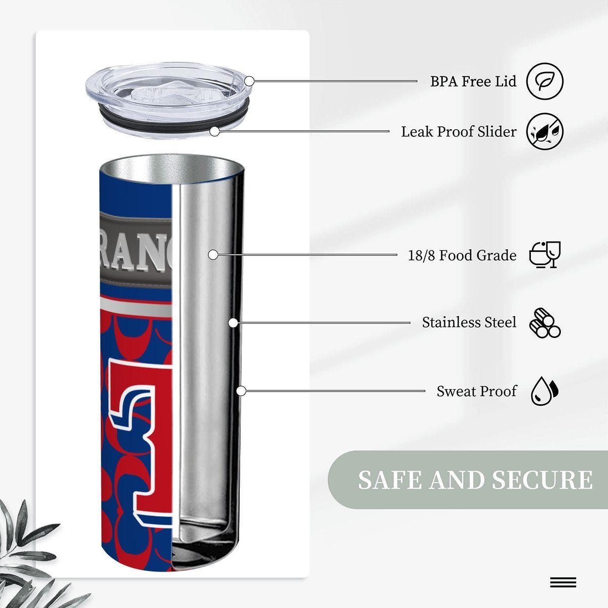 ColorFlow | Texas Rangers Inspired Fashion 20oz Skinny Stainless Steel Tumbler With Straw Dynamic MLB Fan Travel Mug