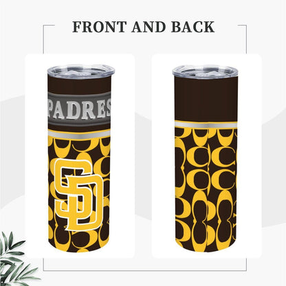ColorFlow | San Diego Padres Inspired Fashion 20oz Skinny Stainless Steel Tumbler With Straw Gold Brown Baseball Fan Cup