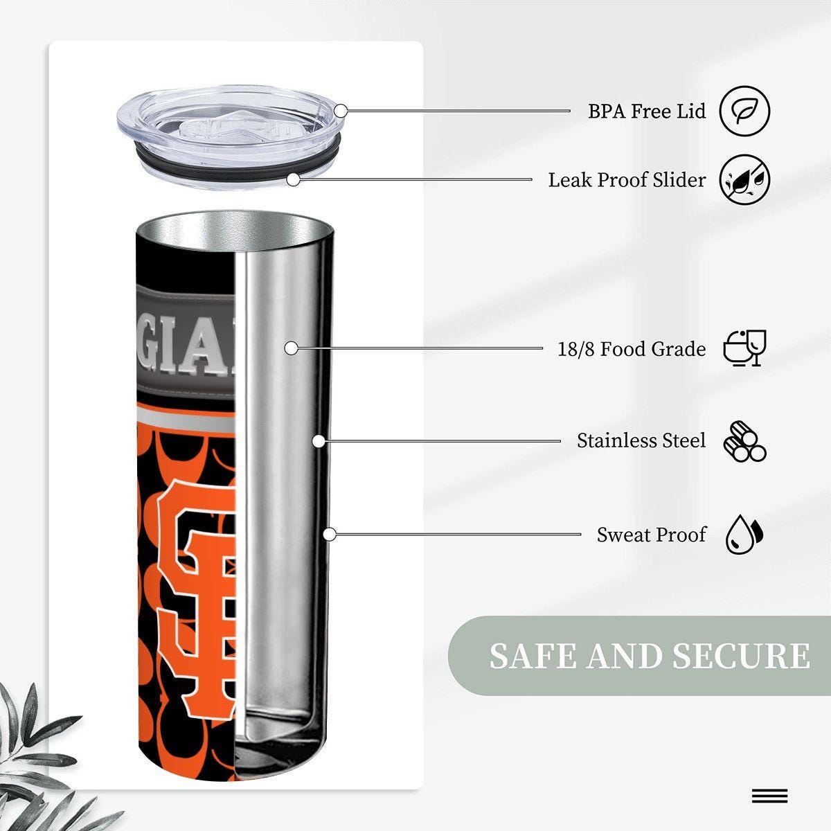 ColorFlow | San Francisco Giants Inspired Fashion 20oz Skinny Stainless Steel Tumbler With Straw Orange Black MLB Fan Gift