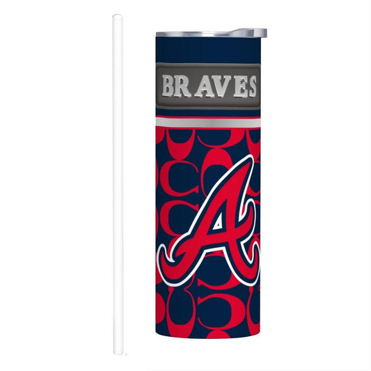 ColorFlow | Atlanta Braves Inspired Fashion 20oz Skinny Stainless Steel Tumbler With Straw Bold Game Day Travel Mug