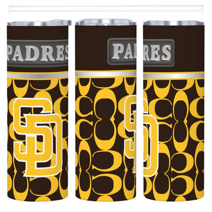 ColorFlow | San Diego Padres Inspired Fashion 20oz Skinny Stainless Steel Tumbler With Straw Gold Brown Baseball Fan Cup