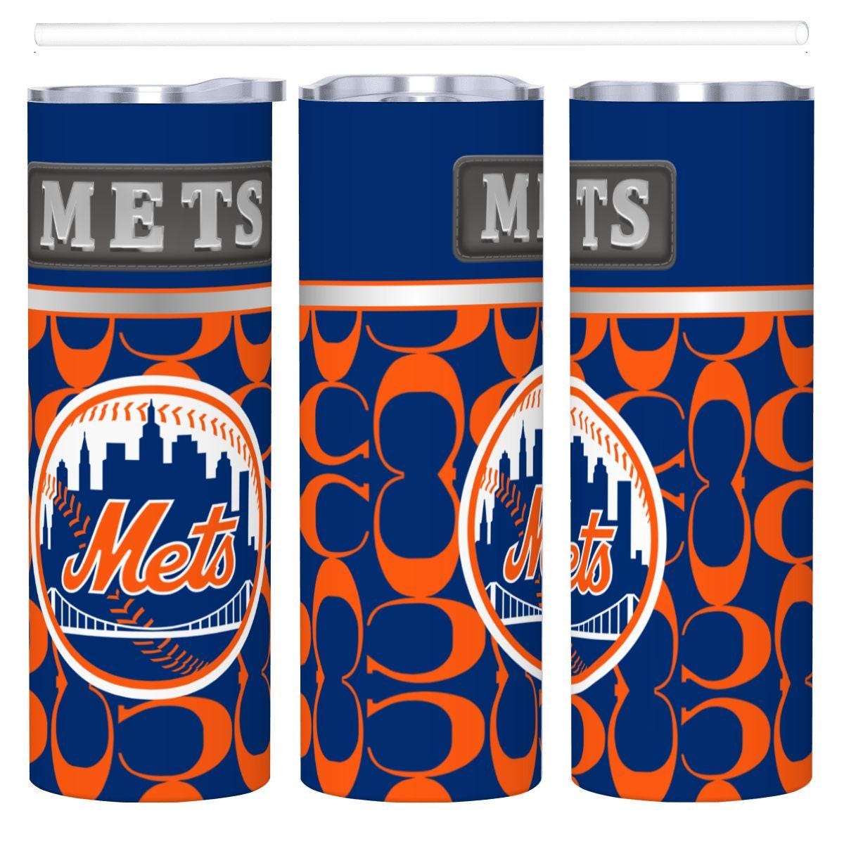 ColorFlow | New York Mets Inspired Fashion 20oz Skinny Stainless Steel Tumbler With Straw Dynamic Baseball Fan Travel Cup