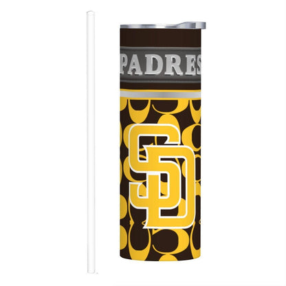 ColorFlow | San Diego Padres Inspired Fashion 20oz Skinny Stainless Steel Tumbler With Straw Gold Brown Baseball Fan Cup