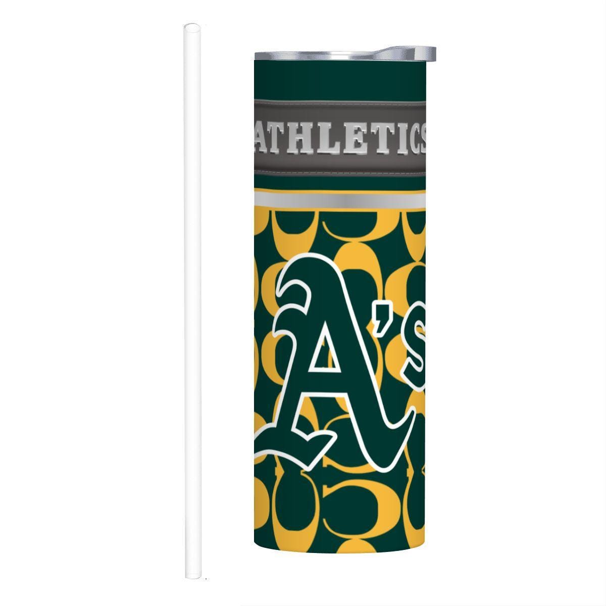 ColorFlow | Oakland Athletics Inspired Fashion 20oz Skinny Stainless Steel Tumbler With Straw Classic Green Gold Fan Cup