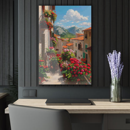 ColorFlow | Charming Mountain Village Metal Wall Art | Scenic European Town Decor | Rustic Balcony Flower Wall Accent