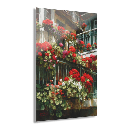 ColorFlow | Classic Red Geranium Balcony Metal Wall Art | European Window Flower Decor | Rustic Cottage Wall Accent