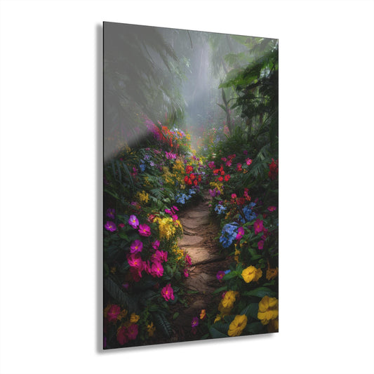 ColorFlow | Misty Jungle Flower Trail Metal Wall Art | Exotic Rainforest Garden Decor | Dramatic Botanical Wall Accent