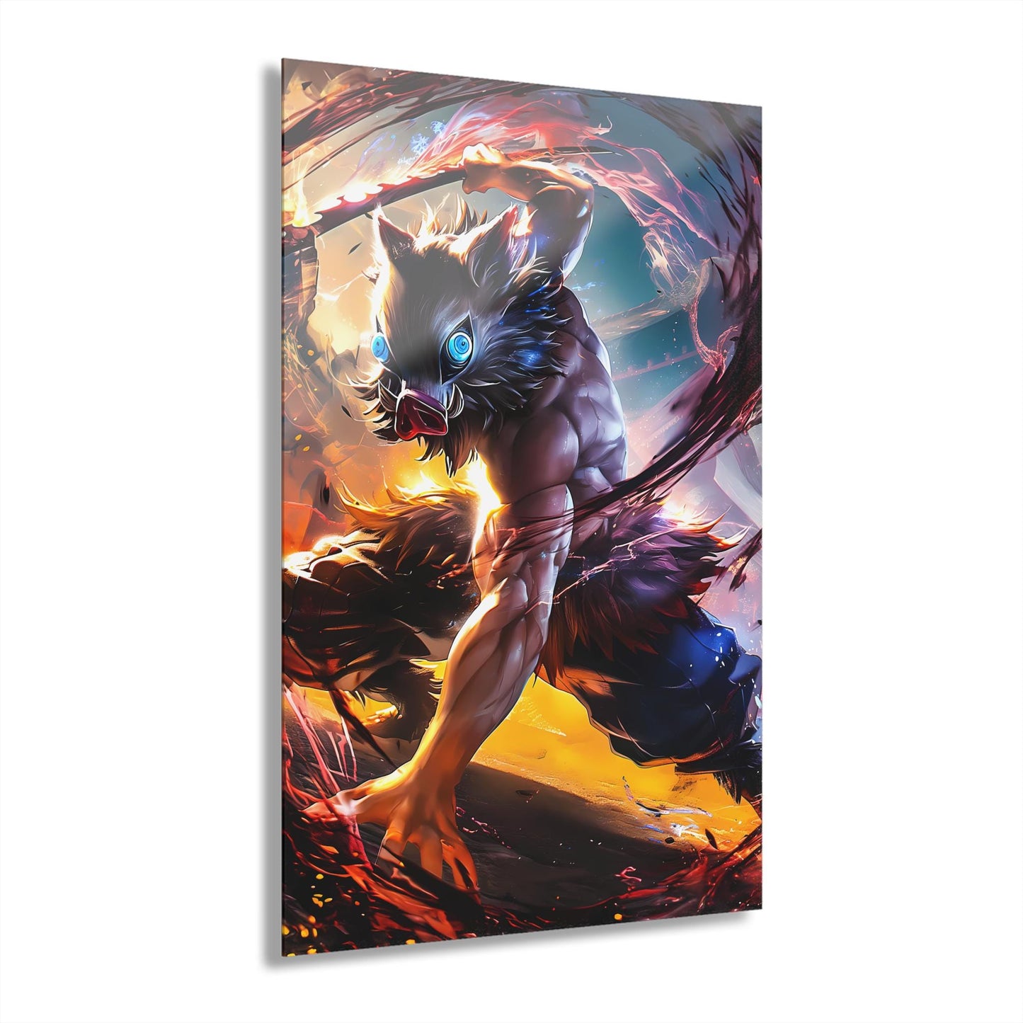 ColorFlow | Beast Mask Dual Blade Fighter Anime Metal Wall Art | Fierce Samurai Manga Decor