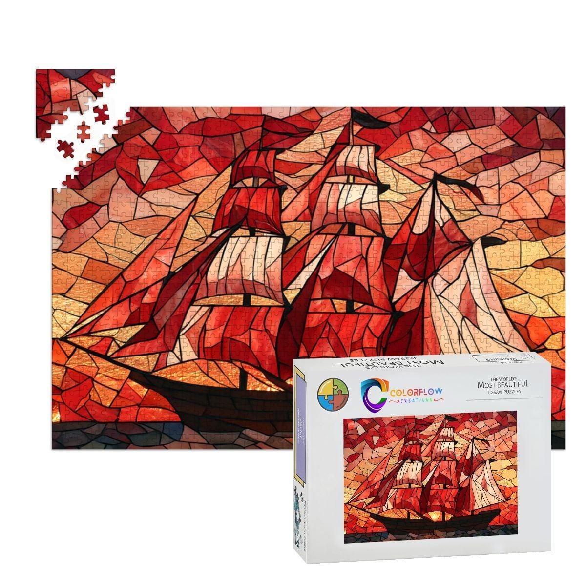 ColorFlow | Crimson Sails Stained Glass Style Wooden Jigsaw Puzzle Nautical Art Puzzle