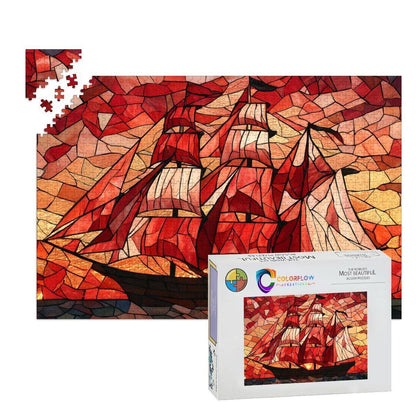 ColorFlow | Crimson Sails Stained Glass Style Wooden Jigsaw Puzzle Nautical Art Puzzle