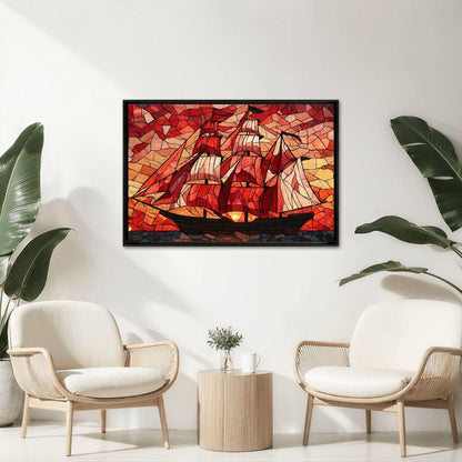 ColorFlow | Crimson Sails Stained Glass Style Wooden Jigsaw Puzzle Nautical Art Puzzle