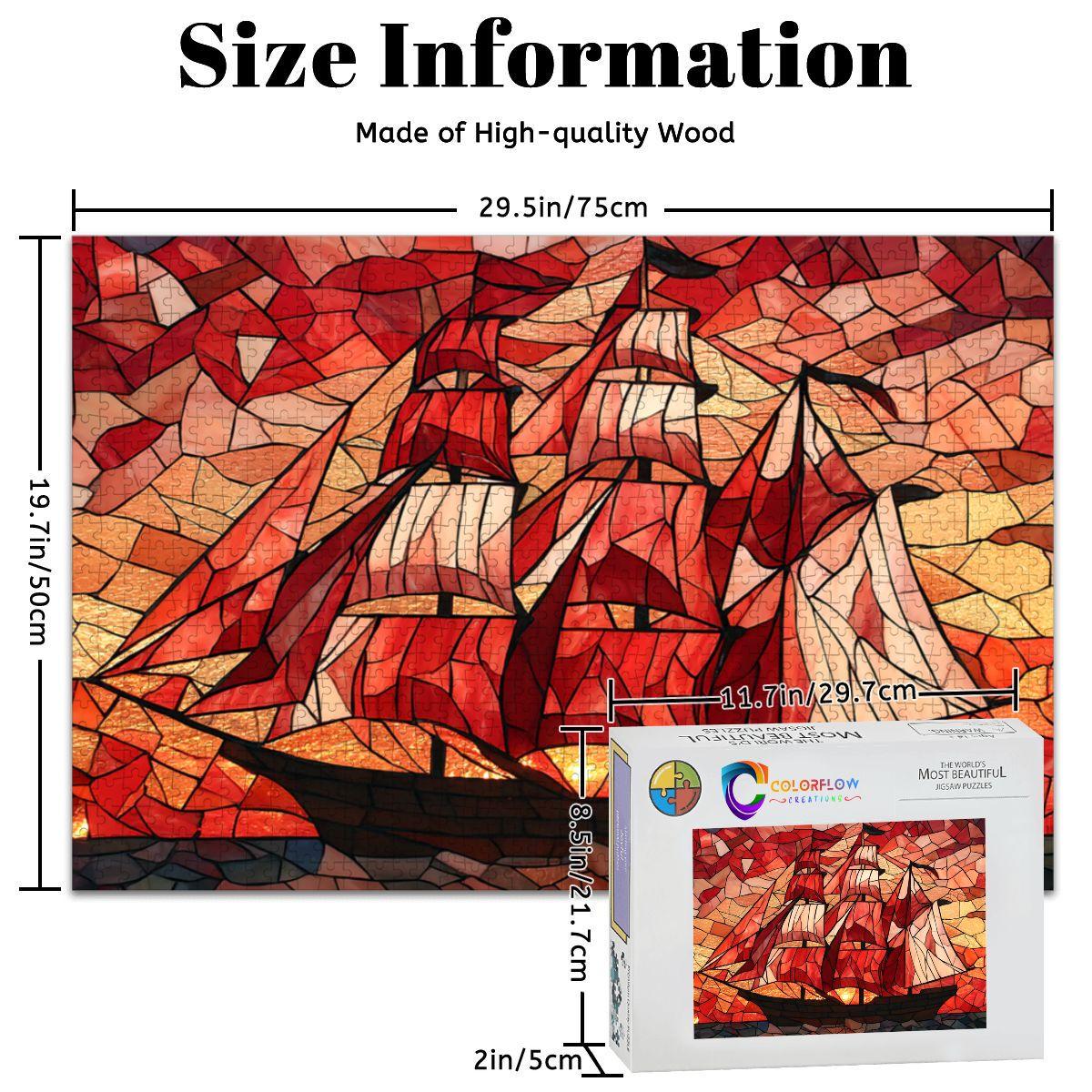 ColorFlow | Crimson Sails Stained Glass Style Wooden Jigsaw Puzzle Nautical Art Puzzle