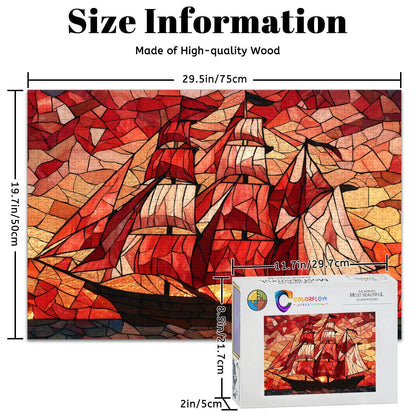 ColorFlow | Crimson Sails Stained Glass Style Wooden Jigsaw Puzzle Nautical Art Puzzle