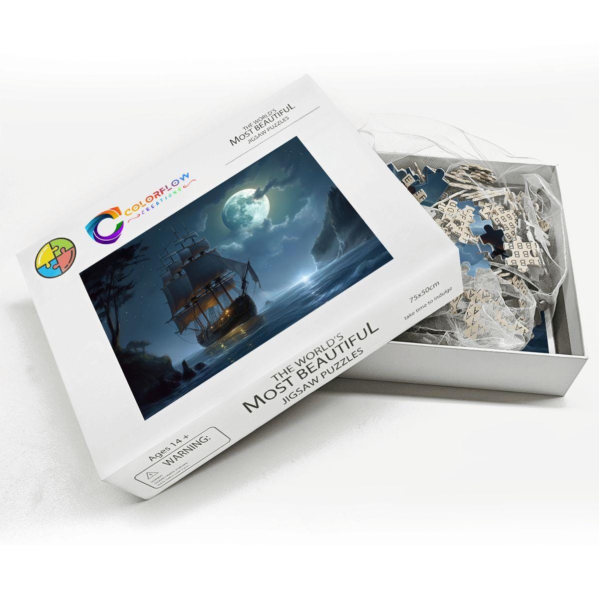 ColorFlow | Moonlit Passage Tall Ship Wooden Jigsaw Puzzle Dreamy Night Sea Art Puzzle
