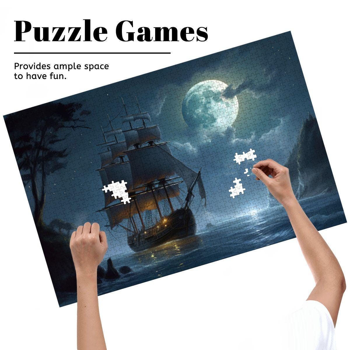 ColorFlow | Moonlit Passage Tall Ship Wooden Jigsaw Puzzle Dreamy Night Sea Art Puzzle
