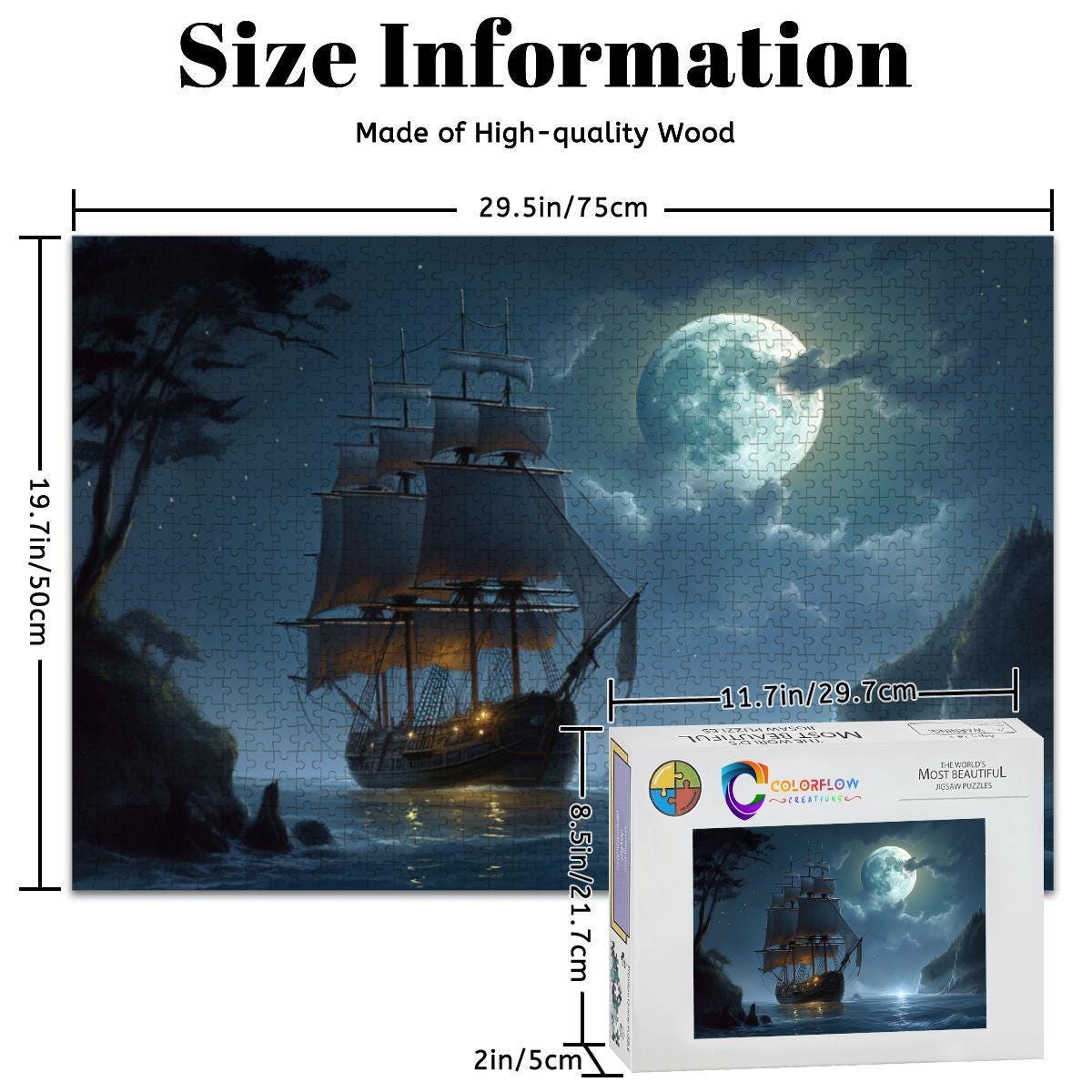 ColorFlow | Moonlit Passage Tall Ship Wooden Jigsaw Puzzle Dreamy Night Sea Art Puzzle