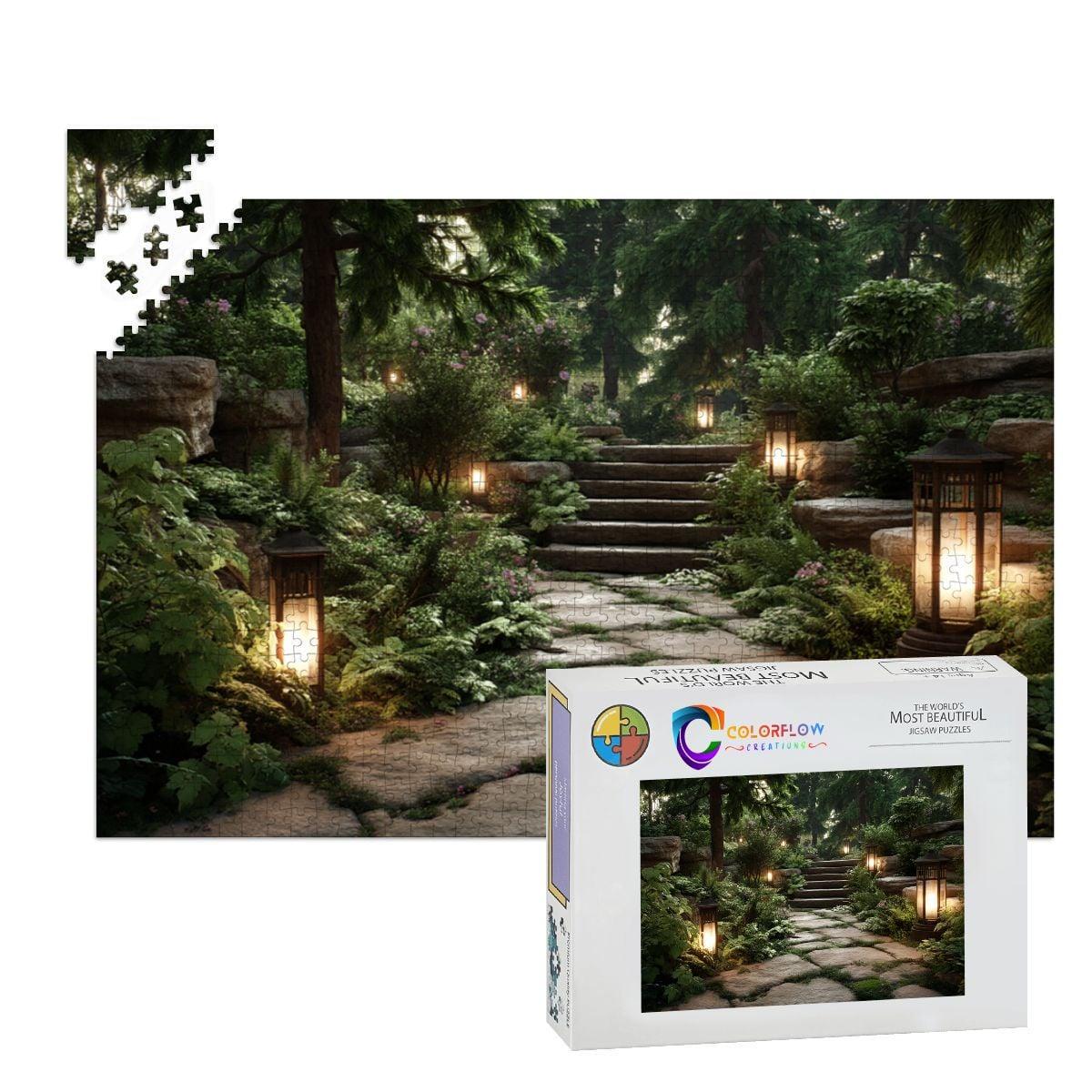 ColorFlow | Lantern Garden Path Wooden Jigsaw Puzzle Tranquil Forest Art Puzzle