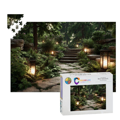 ColorFlow | Lantern Garden Path Wooden Jigsaw Puzzle Tranquil Forest Art Puzzle