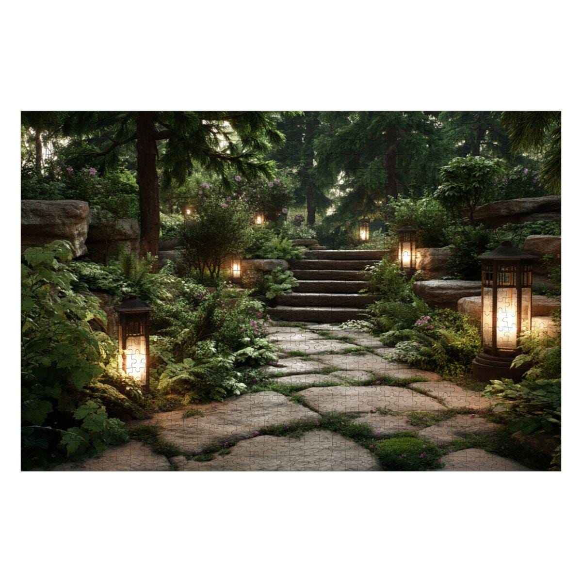 ColorFlow | Lantern Garden Path Wooden Jigsaw Puzzle Tranquil Forest Art Puzzle
