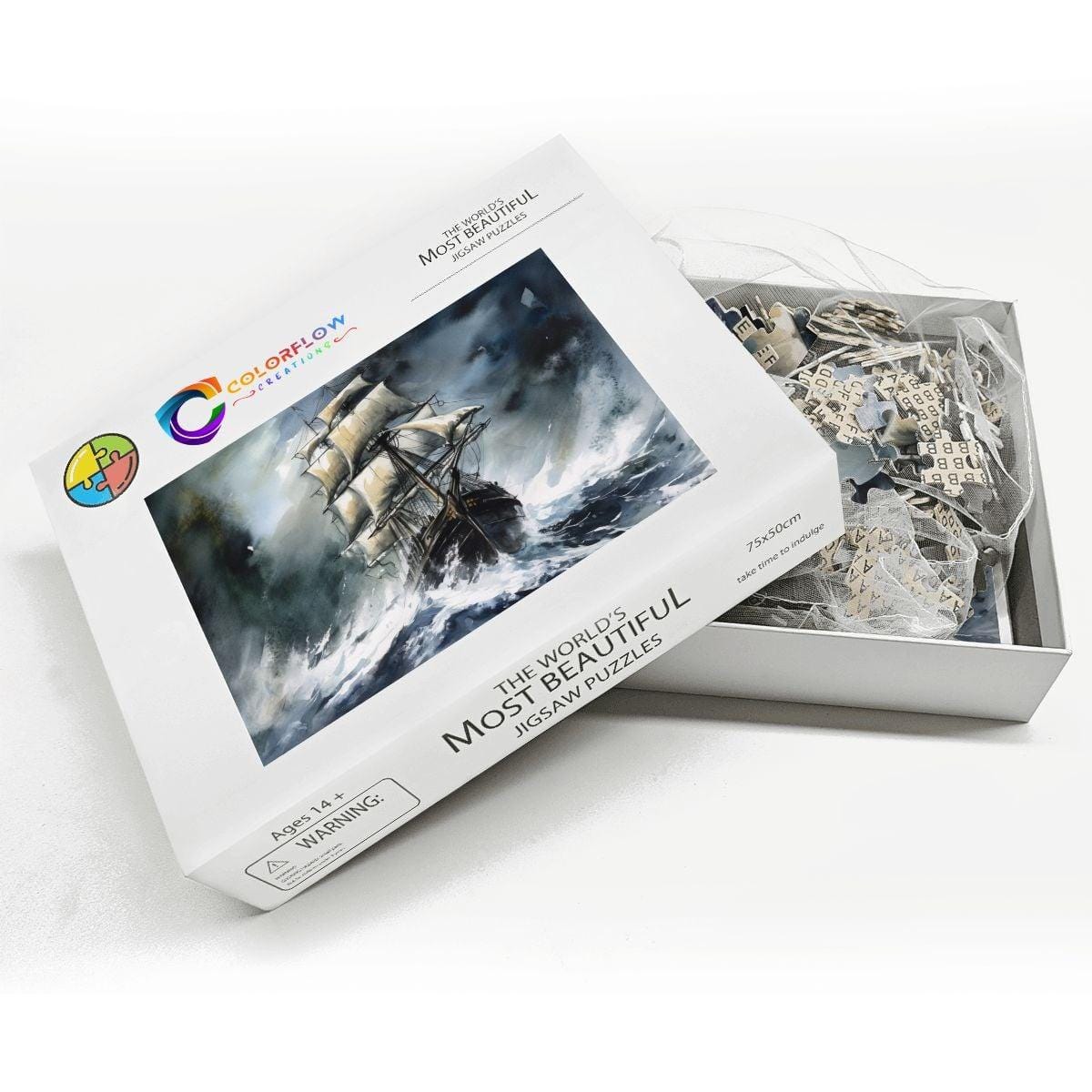 ColorFlow | Tempest Horizon Tall Ship Wooden Jigsaw Puzzle Stormy Sea Art Inspired Puzzle