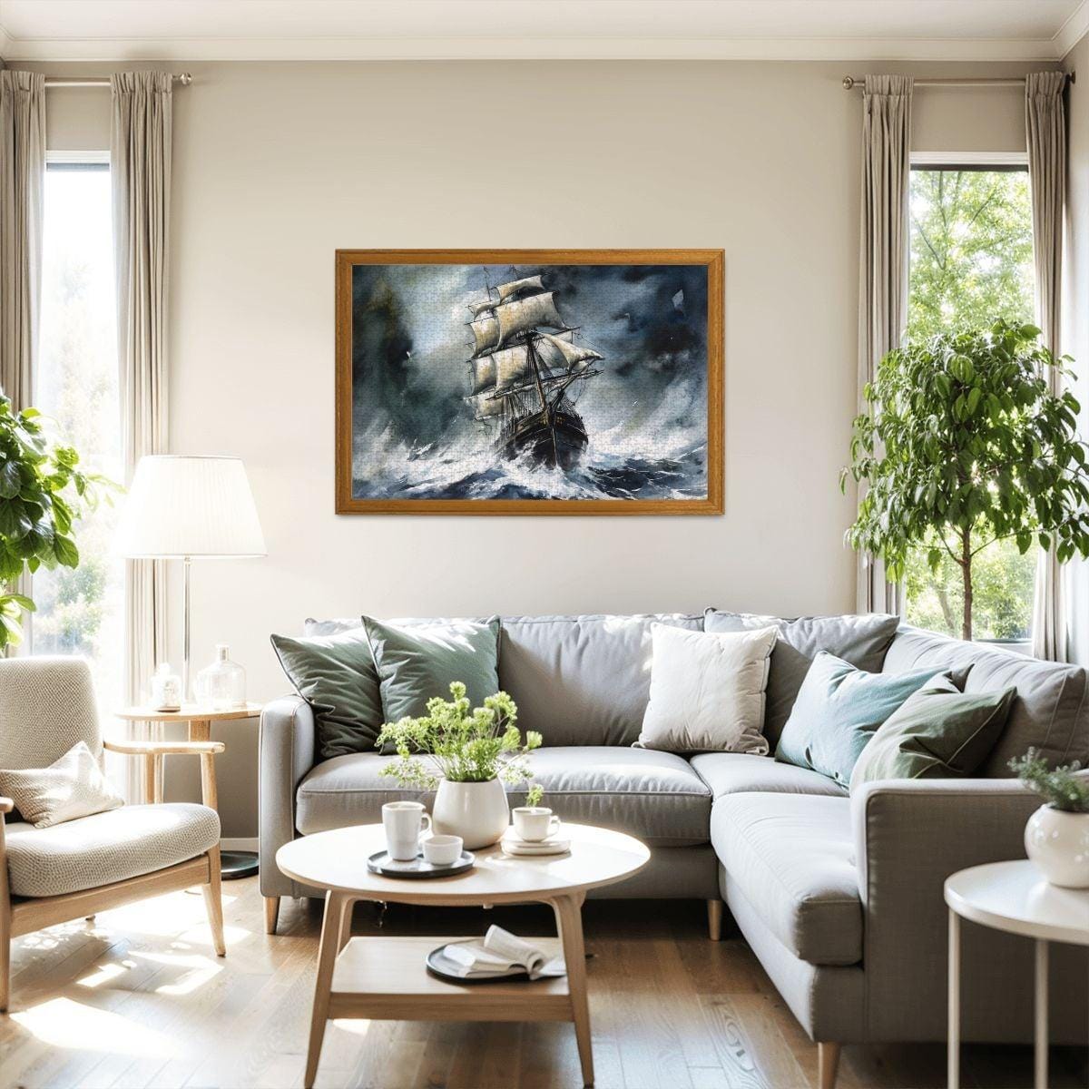 ColorFlow | Tempest Horizon Tall Ship Wooden Jigsaw Puzzle Stormy Sea Art Inspired Puzzle