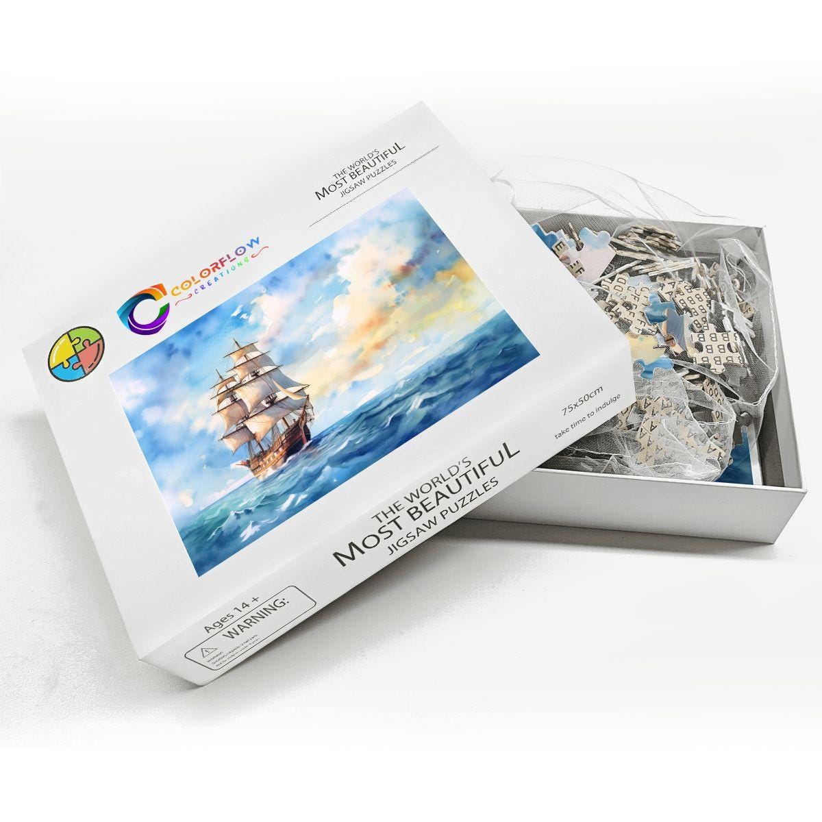 ColorFlow | Open Sky Voyager Wooden Jigsaw Puzzle Serene Sailing Watercolor Art Puzzle