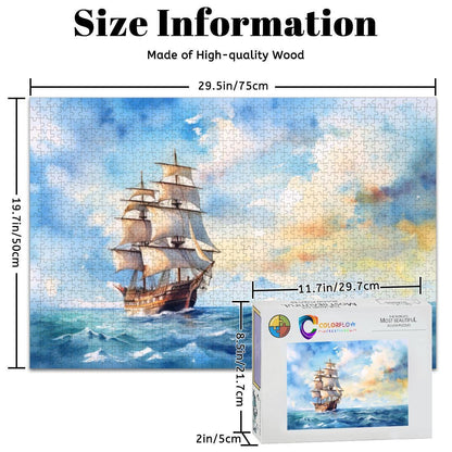 ColorFlow | Open Sky Voyager Wooden Jigsaw Puzzle Serene Sailing Watercolor Art Puzzle