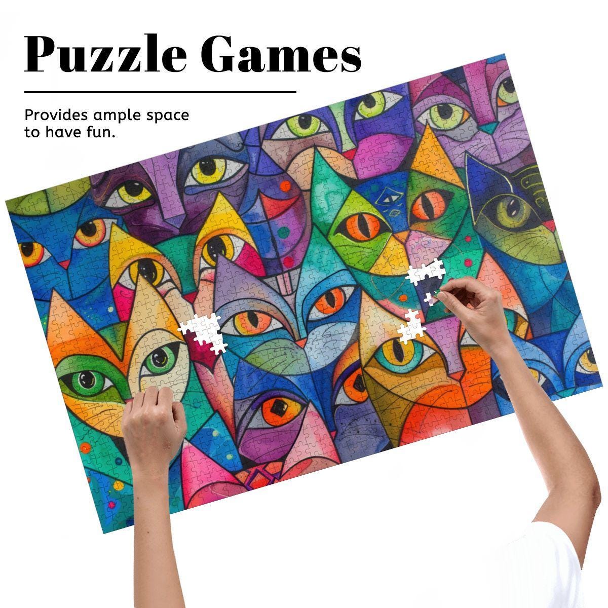 ColorFlow | Kaleidoscope Cat Collective Wooden Jigsaw Puzzle Colorful Modern Art Puzzle
