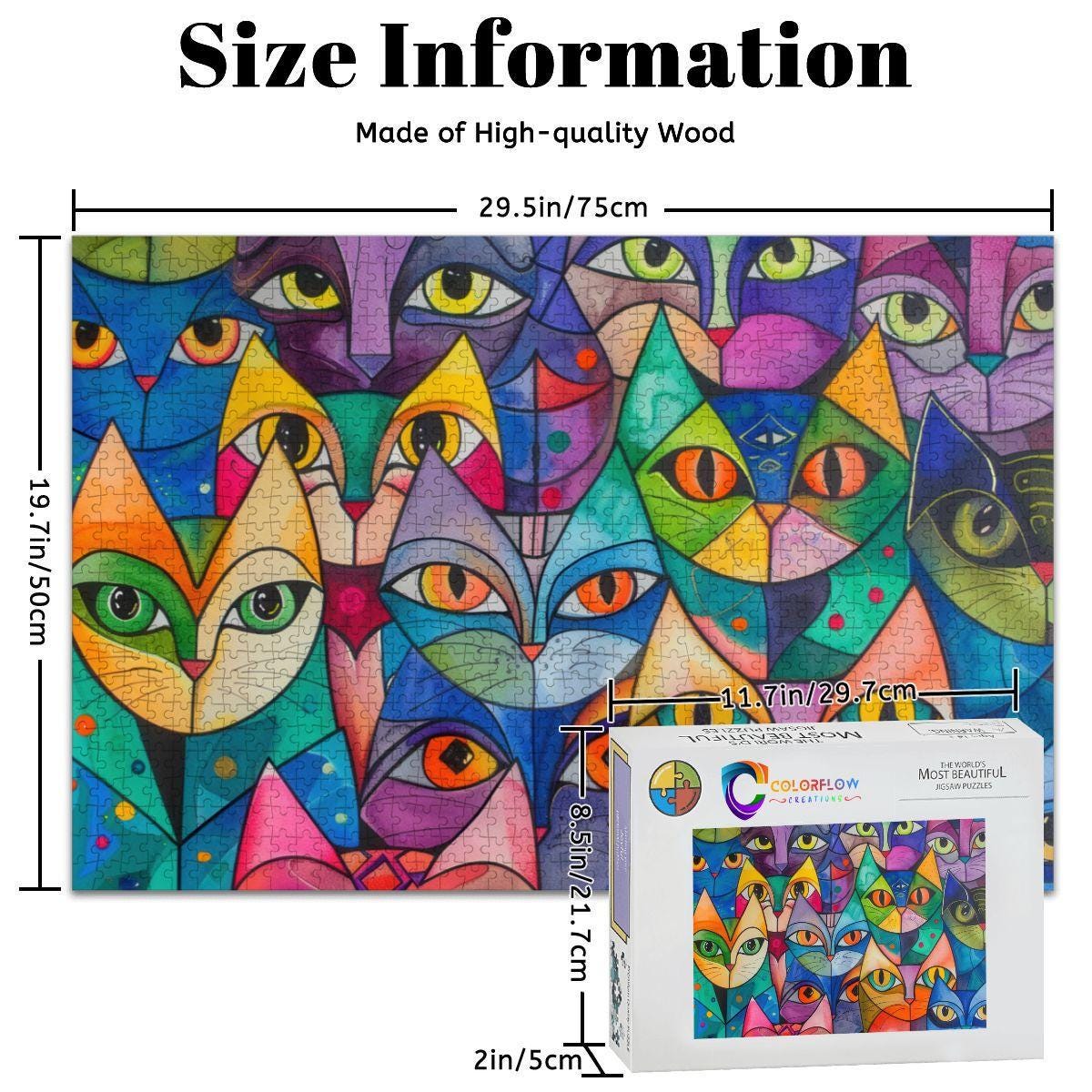 ColorFlow | Kaleidoscope Cat Collective Wooden Jigsaw Puzzle Colorful Modern Art Puzzle