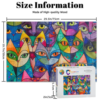ColorFlow | Kaleidoscope Cat Collective Wooden Jigsaw Puzzle Colorful Modern Art Puzzle