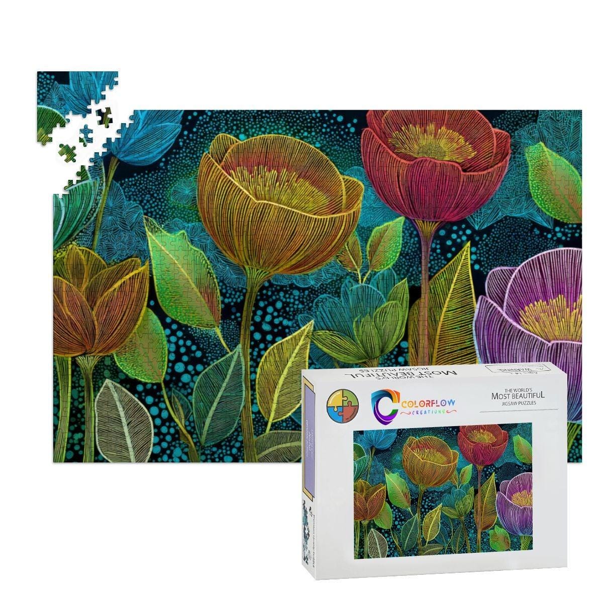 ColorFlow | Midnight Floral Radiance Wooden Jigsaw Puzzle Modern Botanical Art Puzzle