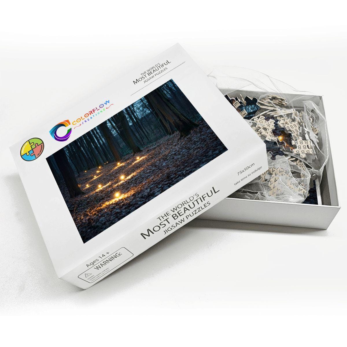ColorFlow | Enchanted Lantern Forest Wooden Jigsaw Puzzle Mystical Woodland Light Art Puzzle