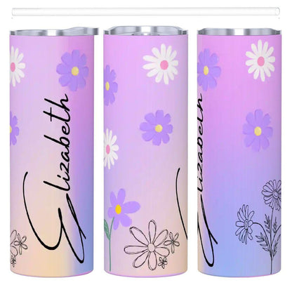 ColorFlow | Enchanted Lavender Daisy Personalized 20oz Skinny Stainless Steel Tumbler With Straw Custom Floral Name Gift