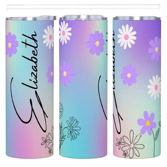 ColorFlow | Dreamy Pastel Rainbow Daisy 20oz Skinny Stainless Steel Tumbler With Straw Personalized Custom Name Floral Gift