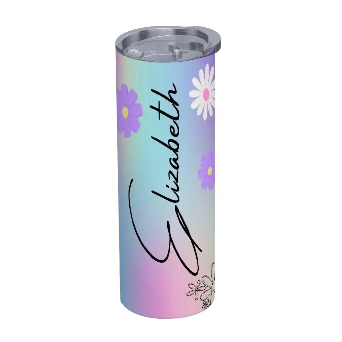 ColorFlow | Dreamy Pastel Rainbow Daisy 20oz Skinny Stainless Steel Tumbler With Straw Personalized Custom Name Floral Gift