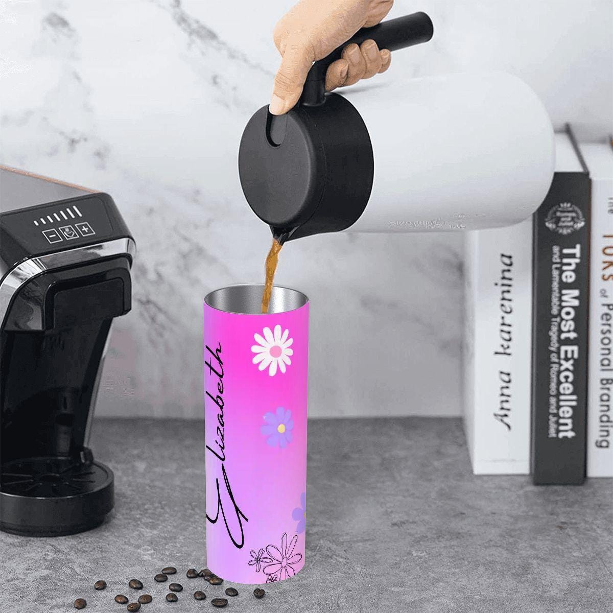 ColorFlow | Blush Sunset Daisy Custom Name 20oz Skinny Stainless Steel Tumbler With Straw Personalized Floral Gift For Her