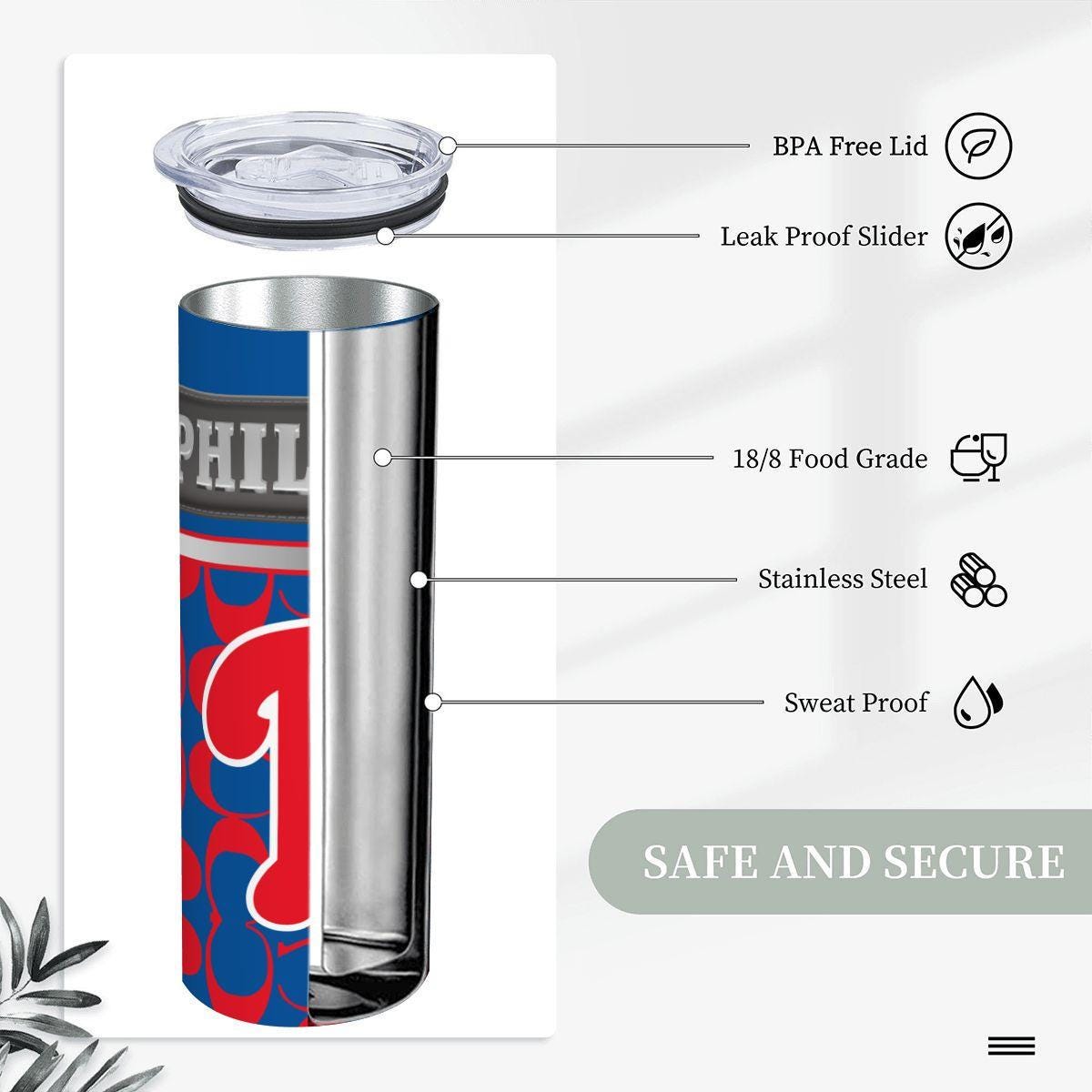ColorFlow | Philadelphia Phillies Inspired Fashion 20oz Skinny Stainless Steel Tumbler With Straw Retro Game Day Drinkware