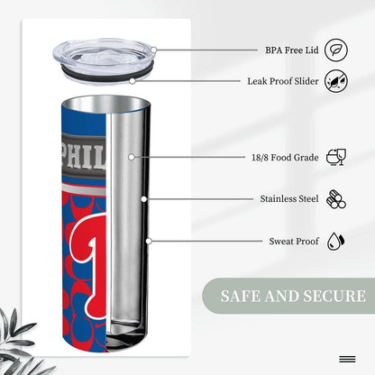 ColorFlow | Philadelphia Phillies Inspired Fashion 20oz Skinny Stainless Steel Tumbler With Straw Retro Game Day Drinkware