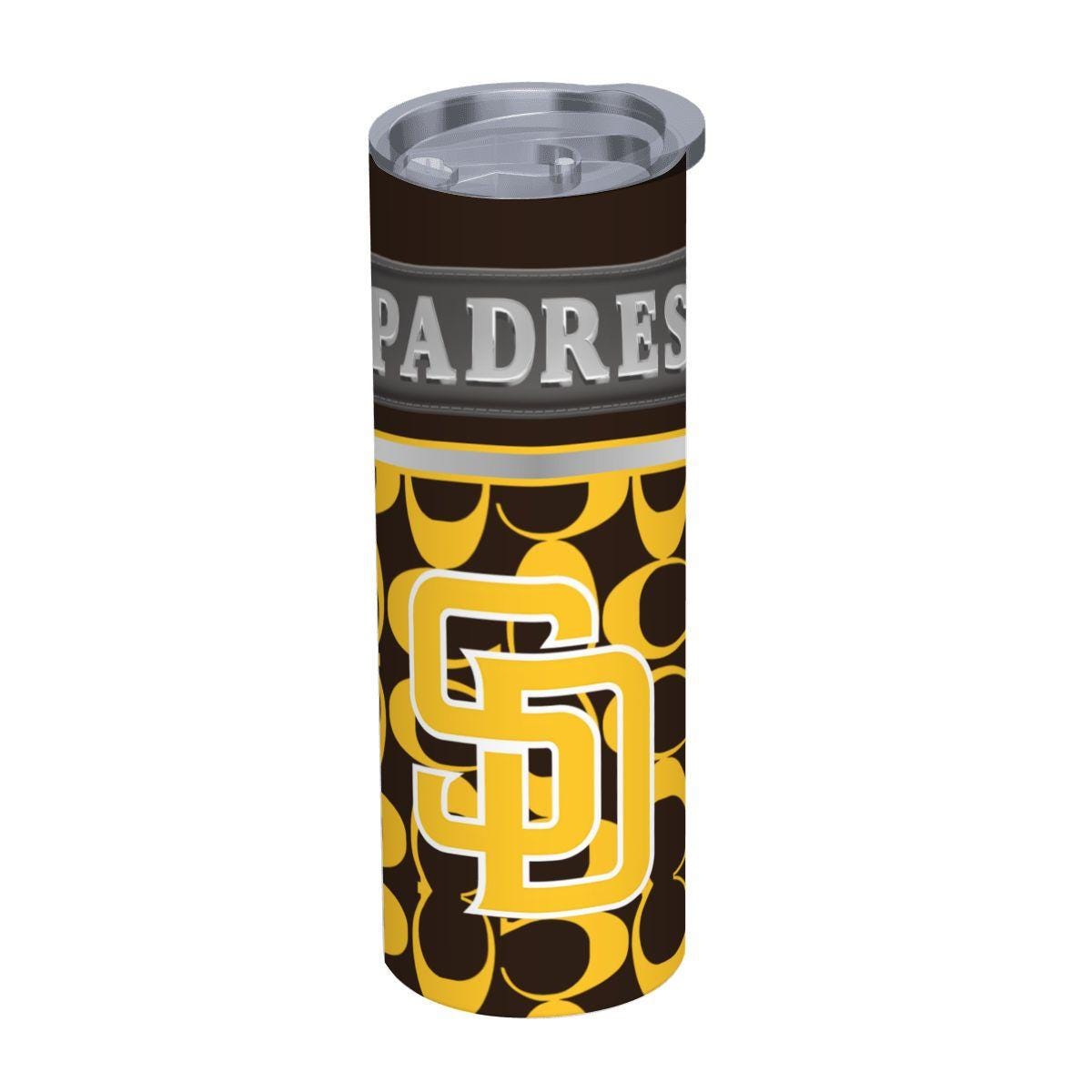 ColorFlow | San Diego Padres Inspired Fashion 20oz Skinny Stainless Steel Tumbler With Straw Gold Brown Baseball Fan Cup