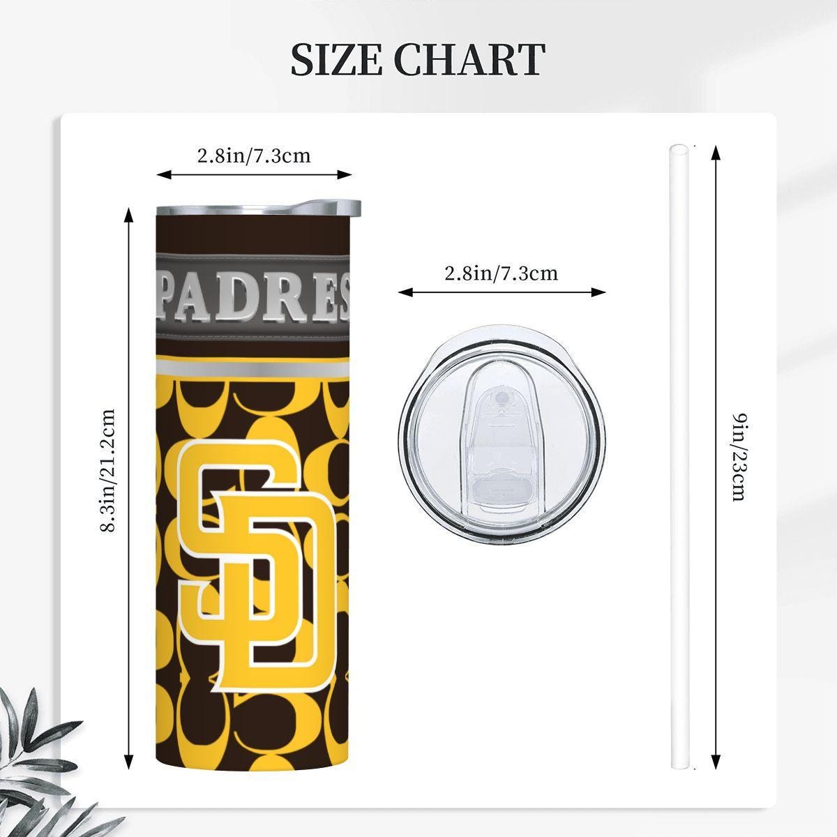 ColorFlow | San Diego Padres Inspired Fashion 20oz Skinny Stainless Steel Tumbler With Straw Gold Brown Baseball Fan Cup
