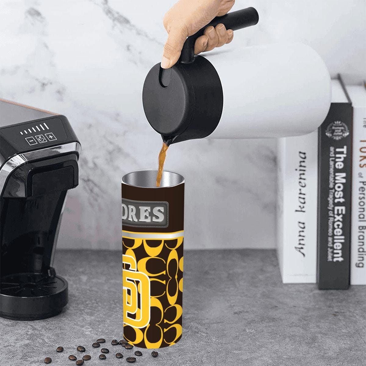 ColorFlow | San Diego Padres Inspired Fashion 20oz Skinny Stainless Steel Tumbler With Straw Gold Brown Baseball Fan Cup