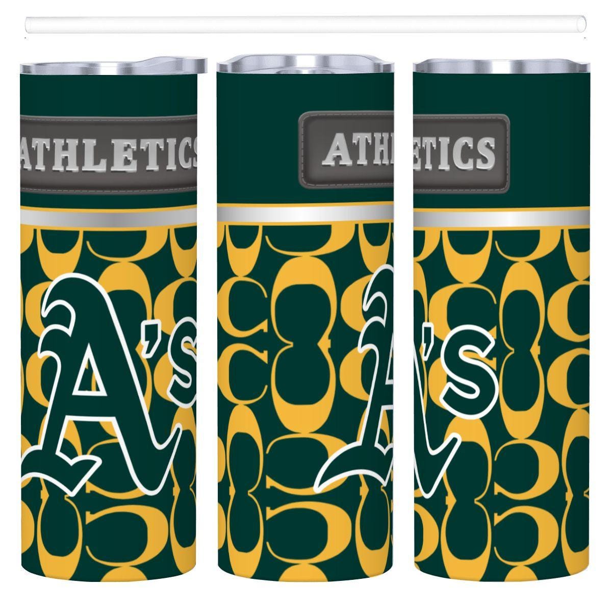 ColorFlow | Oakland Athletics Inspired Fashion 20oz Skinny Stainless Steel Tumbler With Straw Classic Green Gold Fan Cup