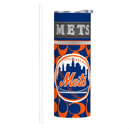 ColorFlow | New York Mets Inspired Fashion 20oz Skinny Stainless Steel Tumbler With Straw Dynamic Baseball Fan Travel Cup